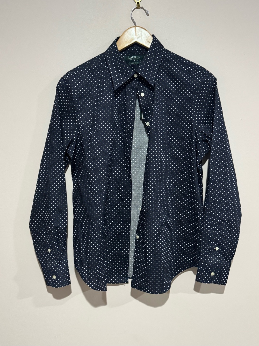 Lauren Polo Ralph Lauren Navy and White Polka Dotted Button Down Shirt Top Med